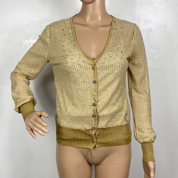 Societa Gold Color Metallic Threads Beaded Tank Top With Cardigan - Picture 1 of 12
